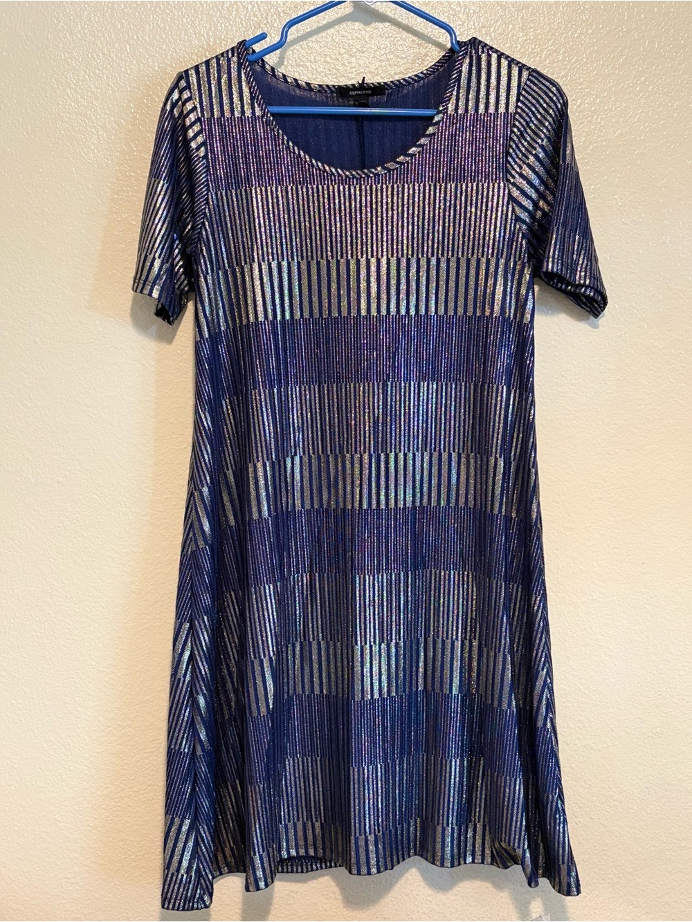 Espresso Women's Metallic Striped Swing Dress Navy Blue Gold Shiny Shift Small